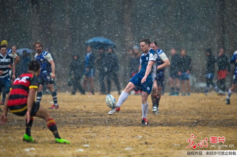 北京：雪中英式橄榄球比赛