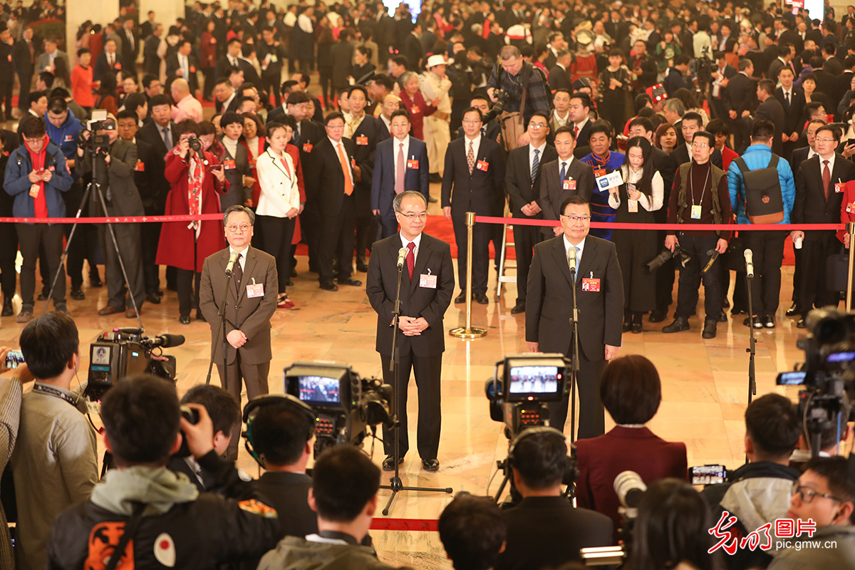 十三届全国人大二次会议举行首场代表通道媒体采访