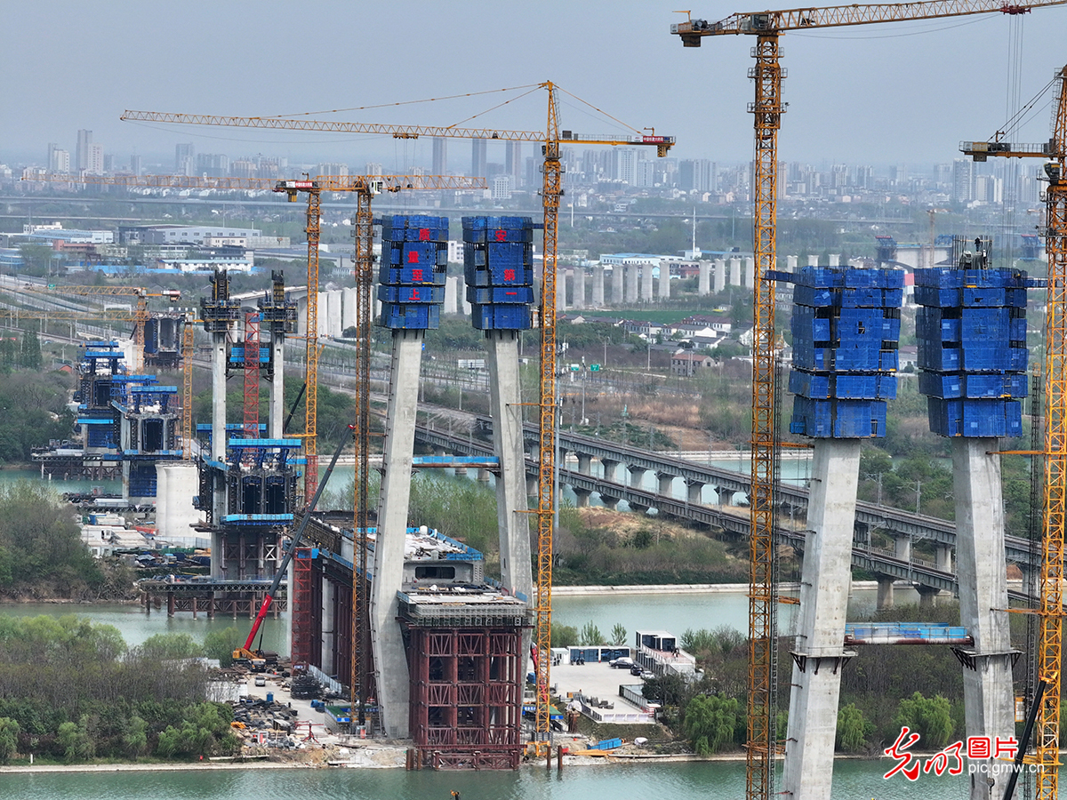 江苏扬州：跨京杭大运河斜拉桥建设有序推进