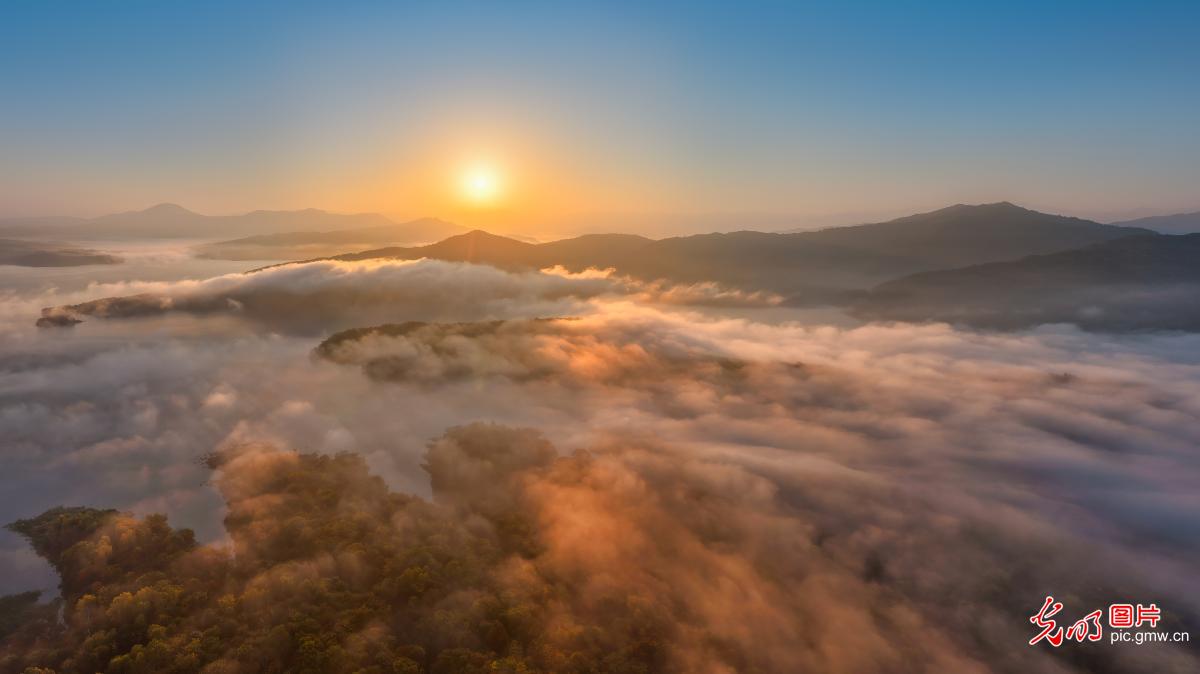 金秋拉林河日出时分美如画